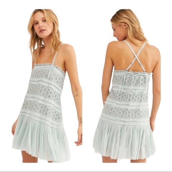 Free People Dresses & Skirts - New Free People FP One Shailee Slip Dress Lace Mint Sky Blue Green Cotton Medium